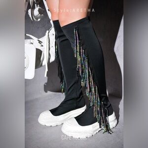 ARETHA - BLACK - BOOTS by CAPE ROBBIN Over-the-Knee Boots with Fringe Detailing